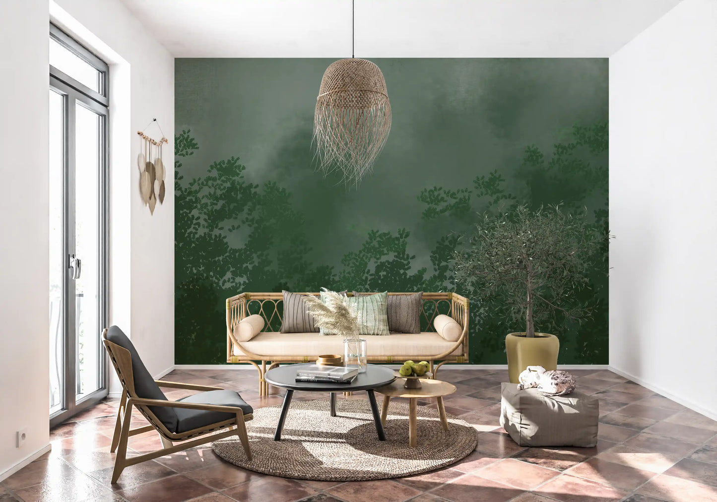 Living room with emerald canopy mist wall mural deep green forest atmosphere, GD9698