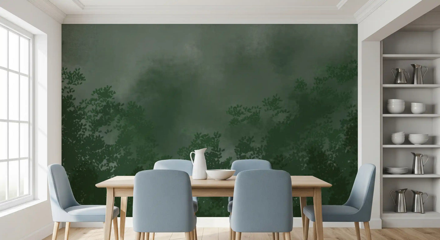 Dining room emerald canopy mist dark forest wall mural moody atmospheric green, GD9698