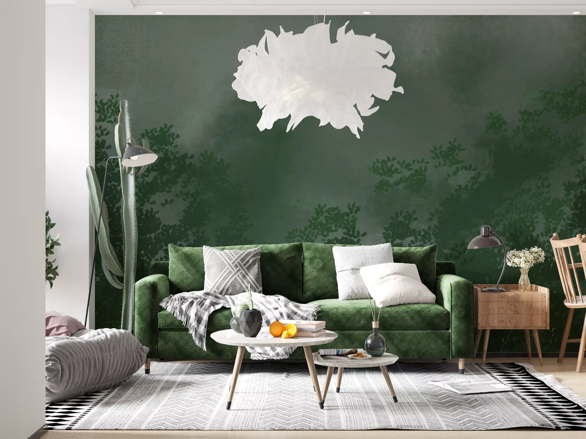 Dense green forest canopy viewed through grey mist in emerald wall mural, GD9698