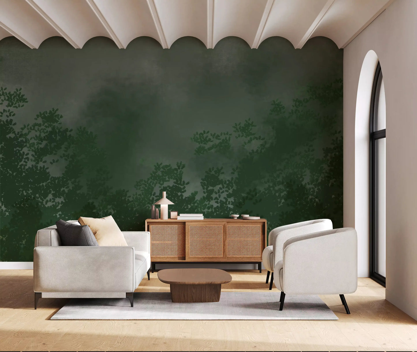 Hallway emerald canopy mist forest wall mural dark forest green and grey sky, GD9698