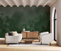 Hallway emerald canopy mist forest wall mural dark forest green and grey sky, GD9698