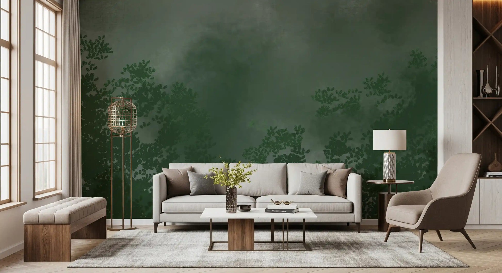 Dark emerald forest treetops rising into soft grey haze in canopy wall mural, GD9698