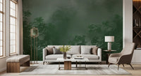 Dark emerald forest treetops rising into soft grey haze in canopy wall mural, GD9698