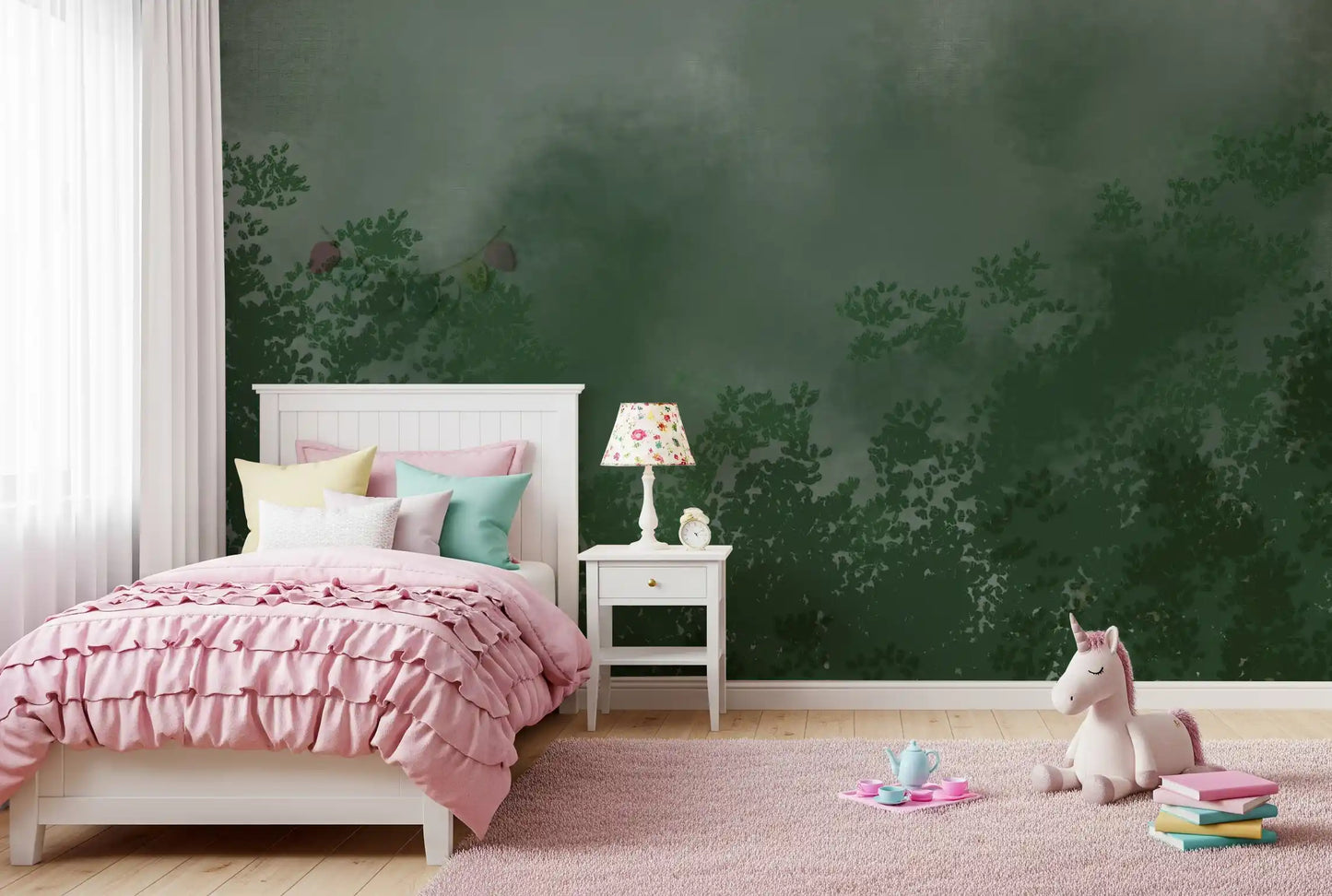 Emerald canopy mist forest wall mural dark green treetops and grey mist, GD9698