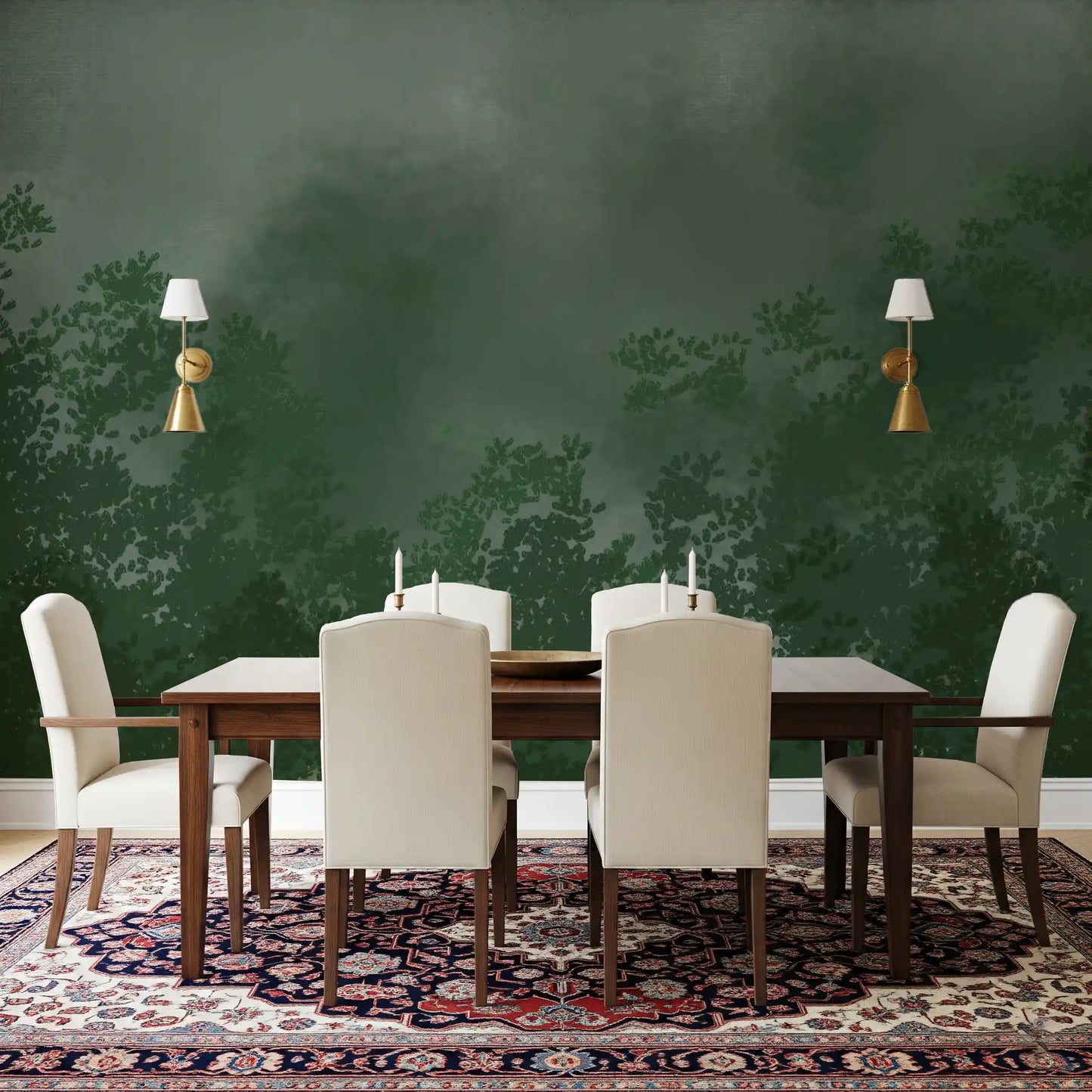 Dining room emerald canopy mist forest wall mural grey mist and green canopy, GD9698