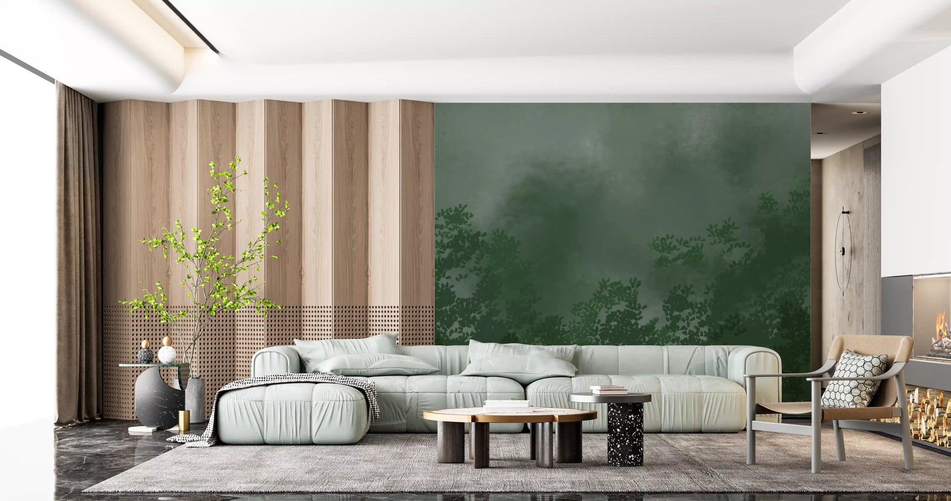 Lounge area with emerald canopy mist forest wall mural dense green treetops, GD9698