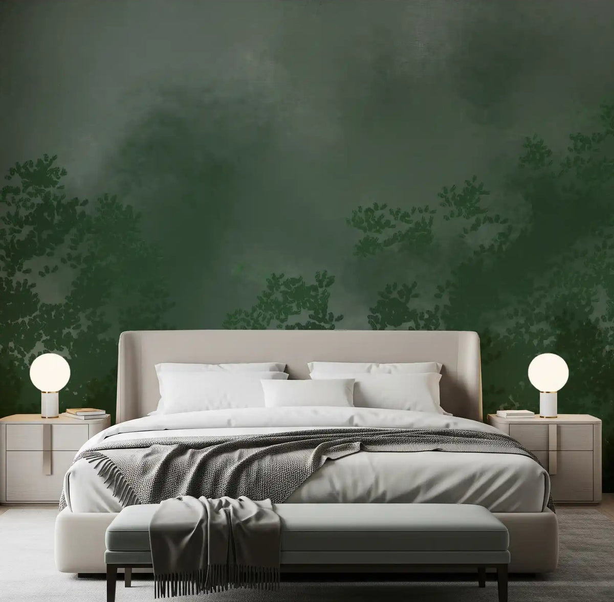 Bedroom with emerald canopy mist forest wall mural dark green treetop view, GD9698