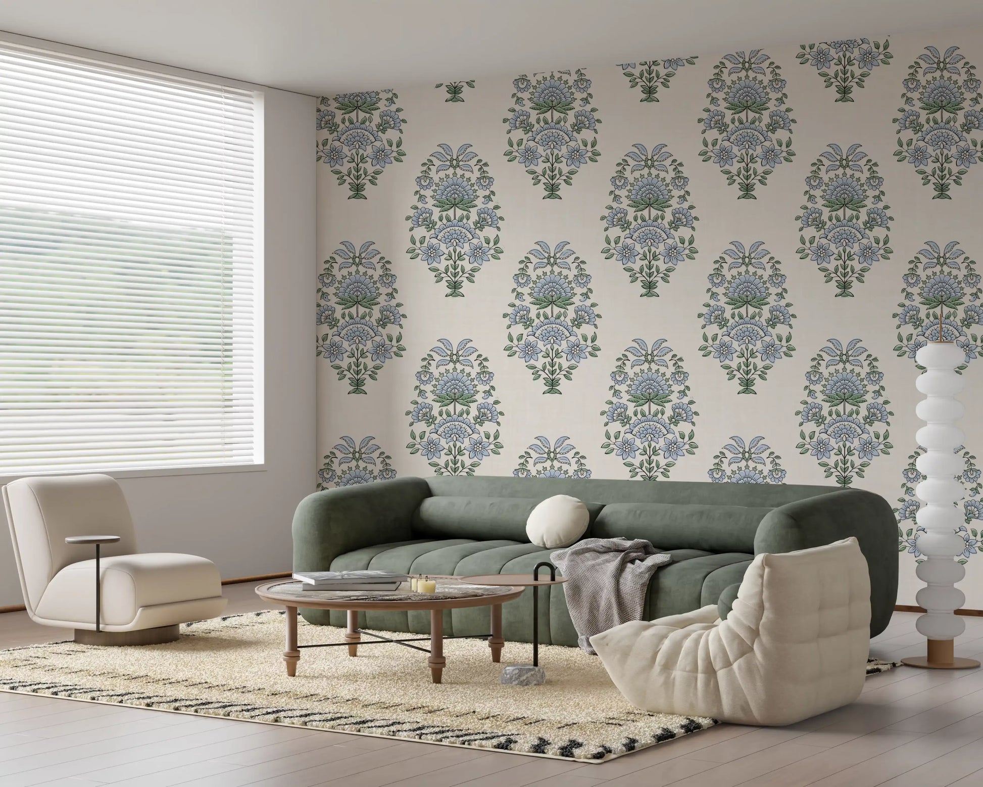 Serene Blue Floral Motif wallpaper used in a Hallway setting