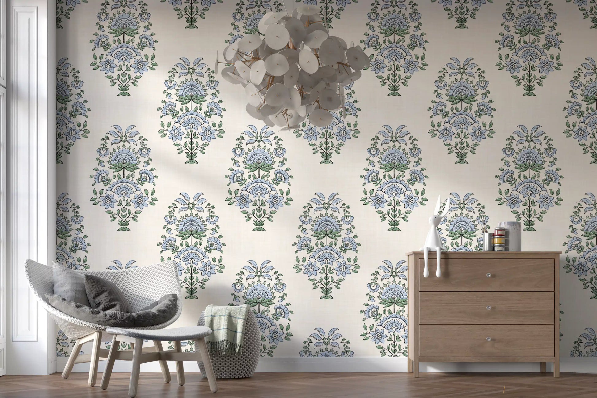 Serene Blue Floral Motif wallpaper with periwinkle blooms on cream