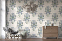 Serene Blue Floral Motif wallpaper with periwinkle blooms on cream