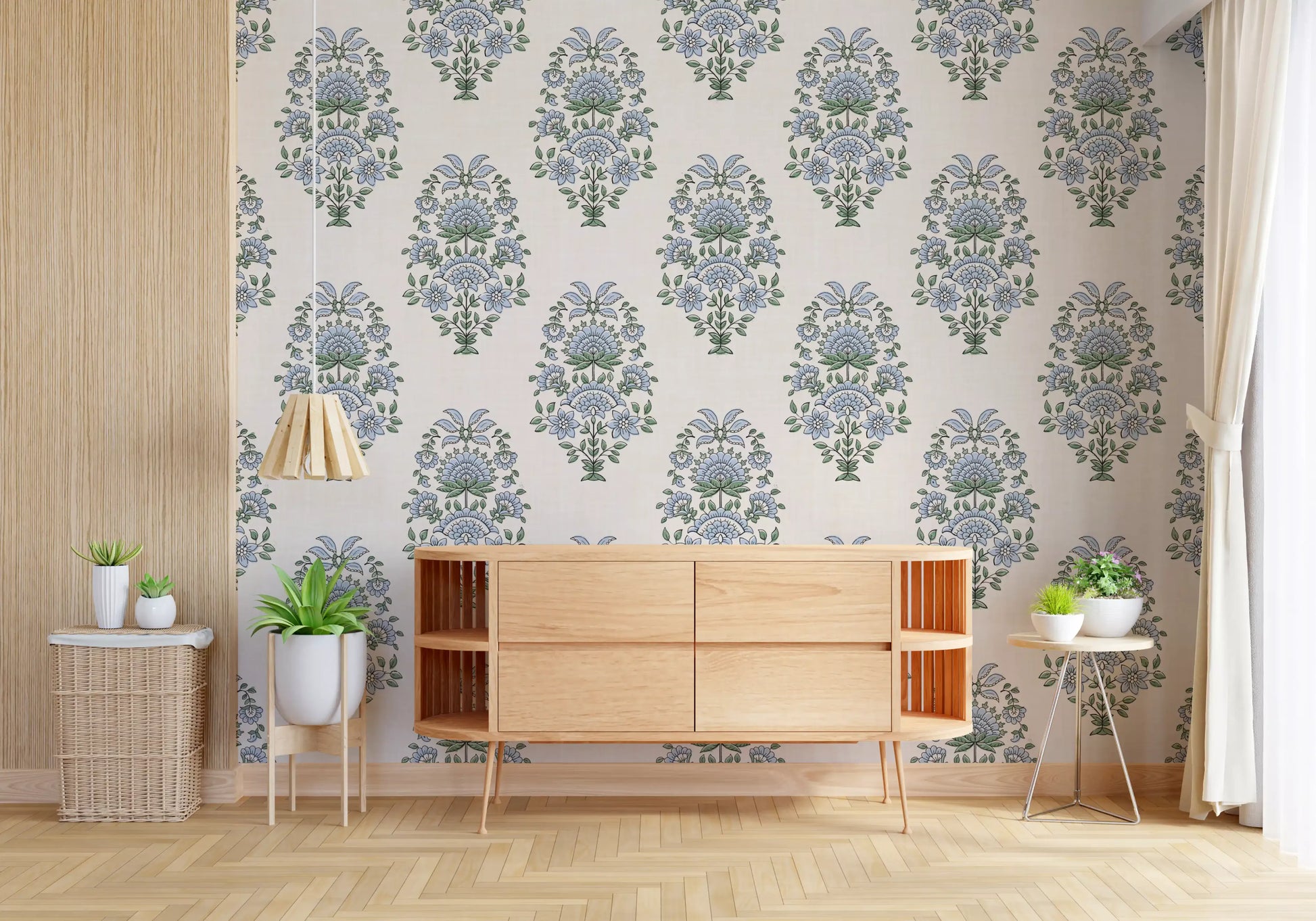 Botanical medallion pattern in the Blue Floral Motif wallpaper
