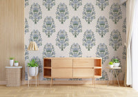 Botanical medallion pattern in the Blue Floral Motif wallpaper