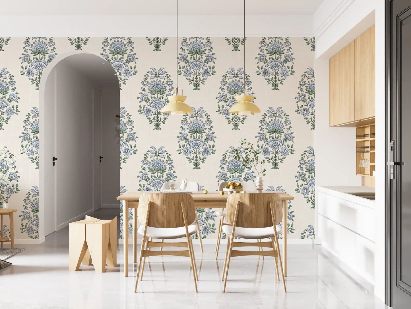 Blue Floral Motif wallpaper set in a Dining room and kitchen with cream tones