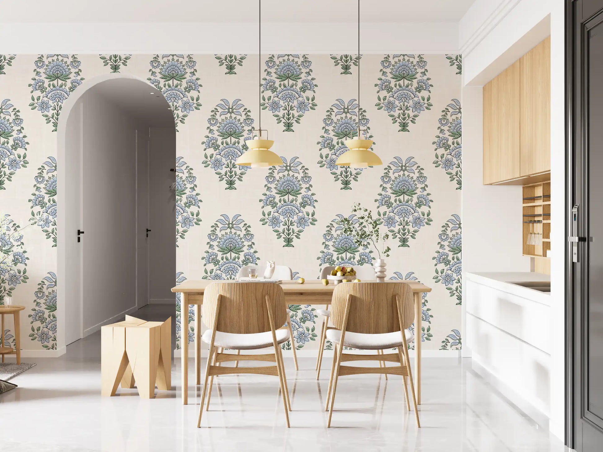 Blue Floral Motif wallpaper set in a Dining room and kitchen with cream tones