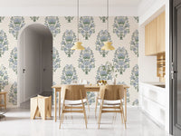 Blue Floral Motif wallpaper set in a Dining room and kitchen with cream tones