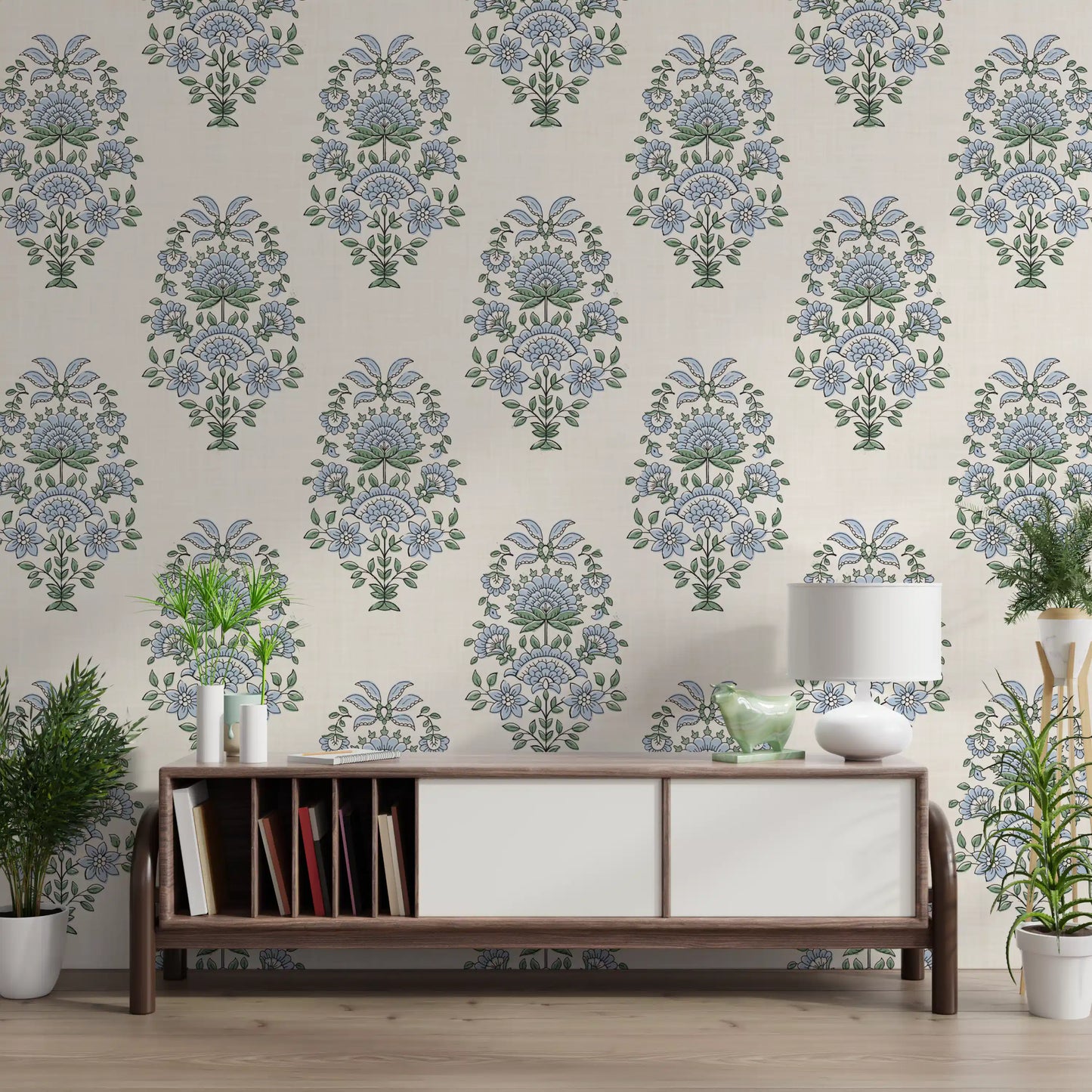 Periwinkle blue Motif wallpaper installed in a warm lounge area