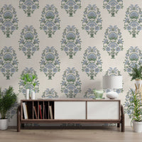 Periwinkle blue Motif wallpaper installed in a warm lounge area
