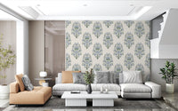 Serene Blue Floral wallpaper placed in a light-toned living room