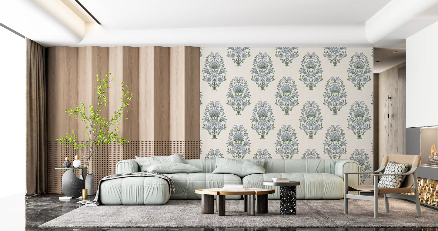 Heritage floral repeat in the Serene Motif wallpaper on cream ground