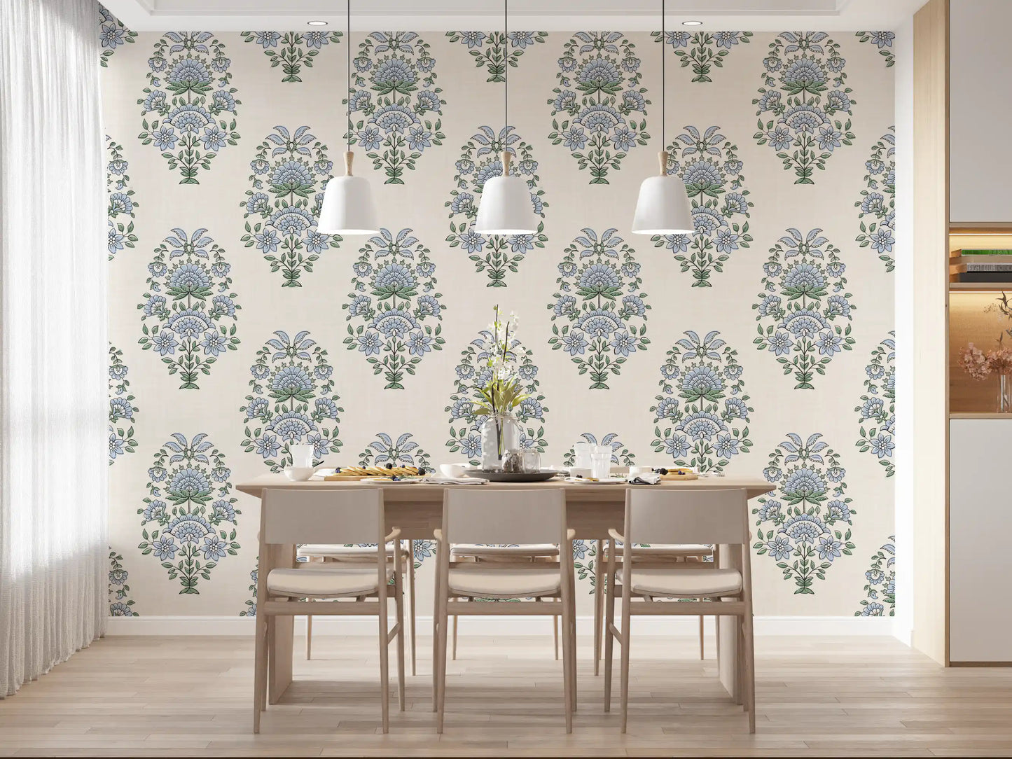 Sage green and periwinkle in the Serene Blue Floral wallpaper