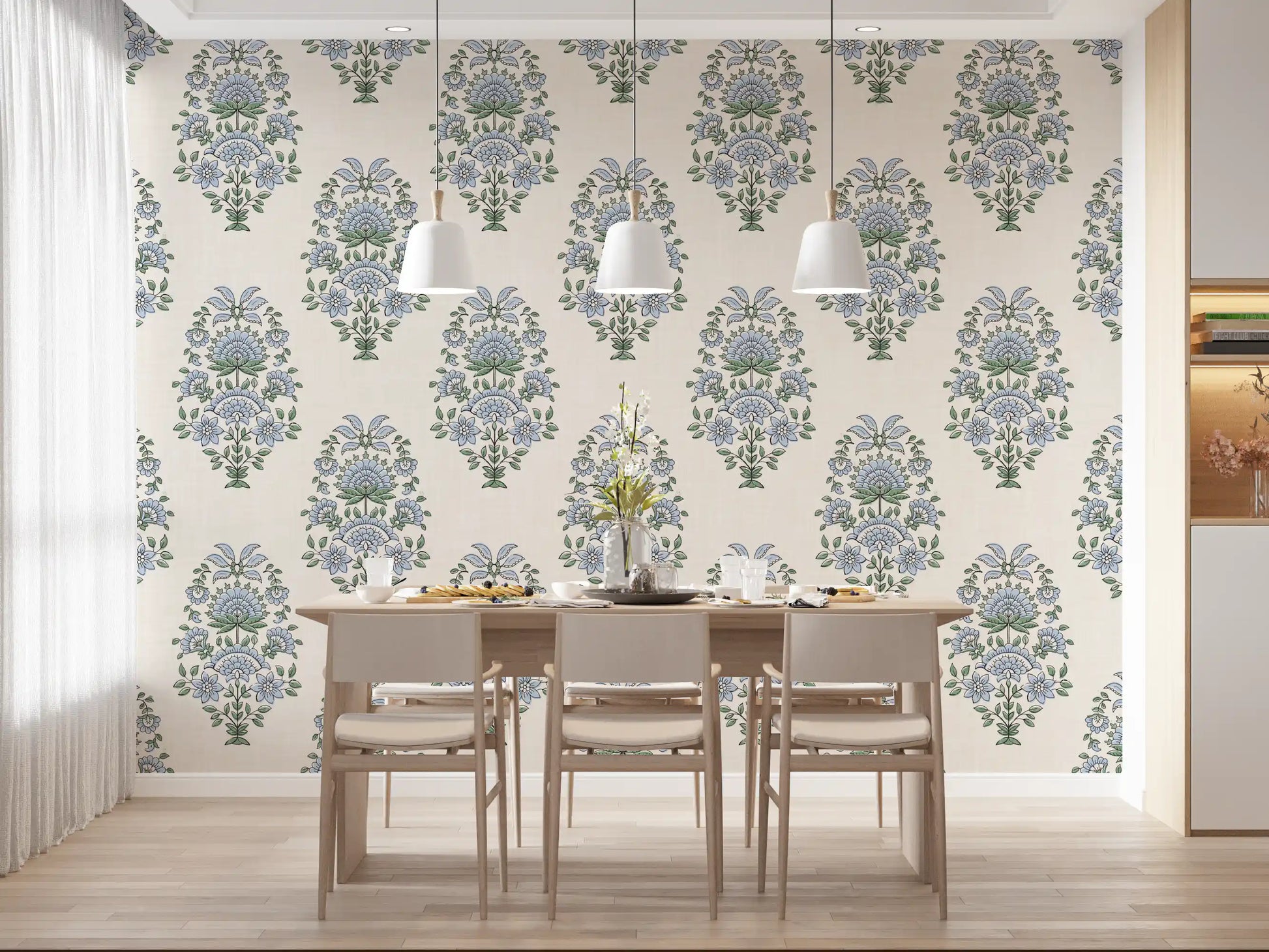 Sage green and periwinkle in the Serene Blue Floral wallpaper
