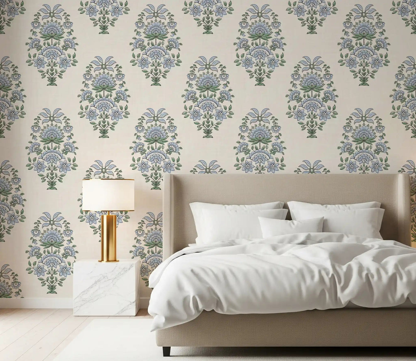 Serene Blue Floral Motif wallpaper covering a full bedroom in cream and blue