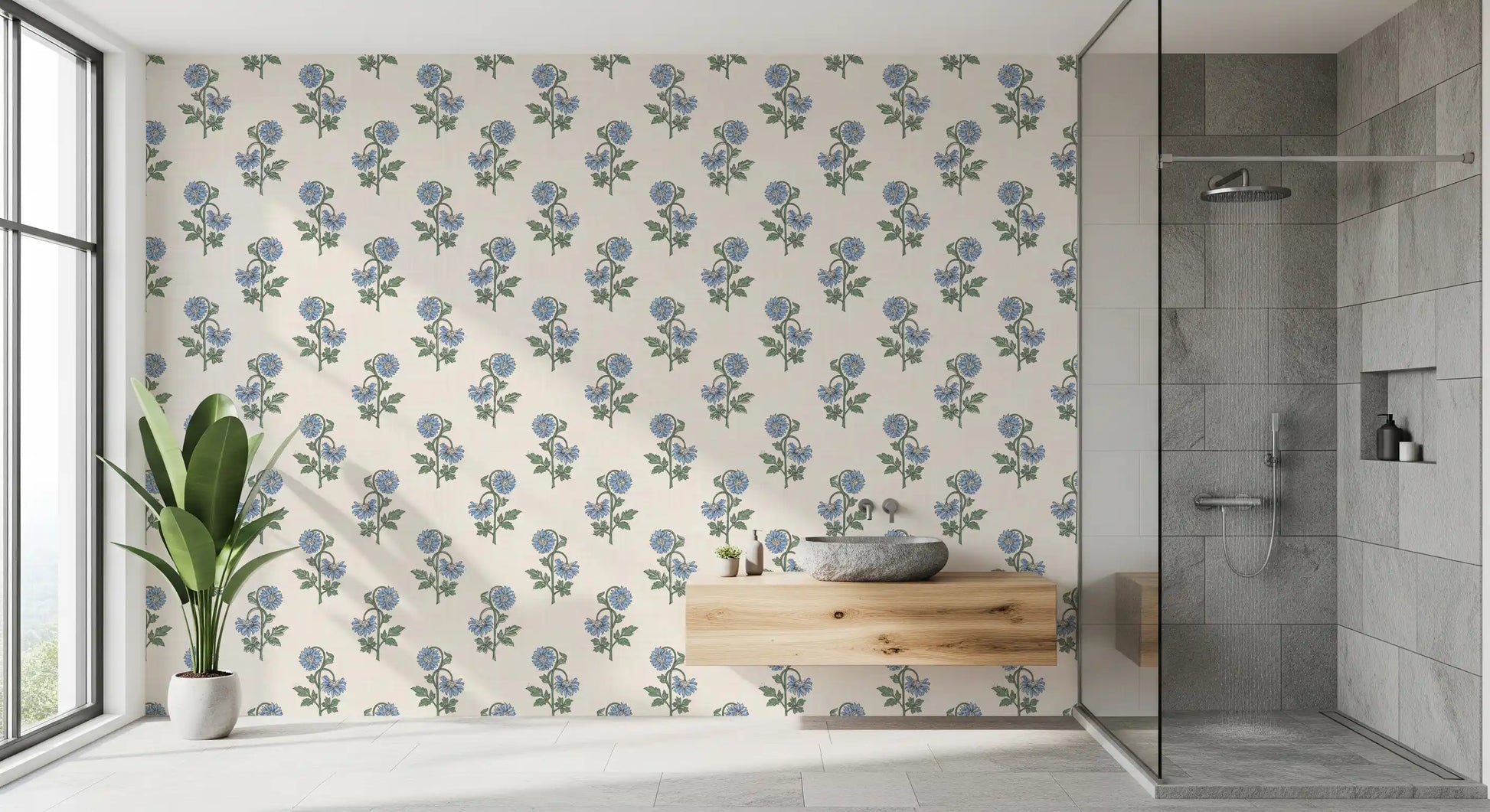 Bathroom azure petal harmony wallpaper blue floral stems and green leaf detail, GD9700