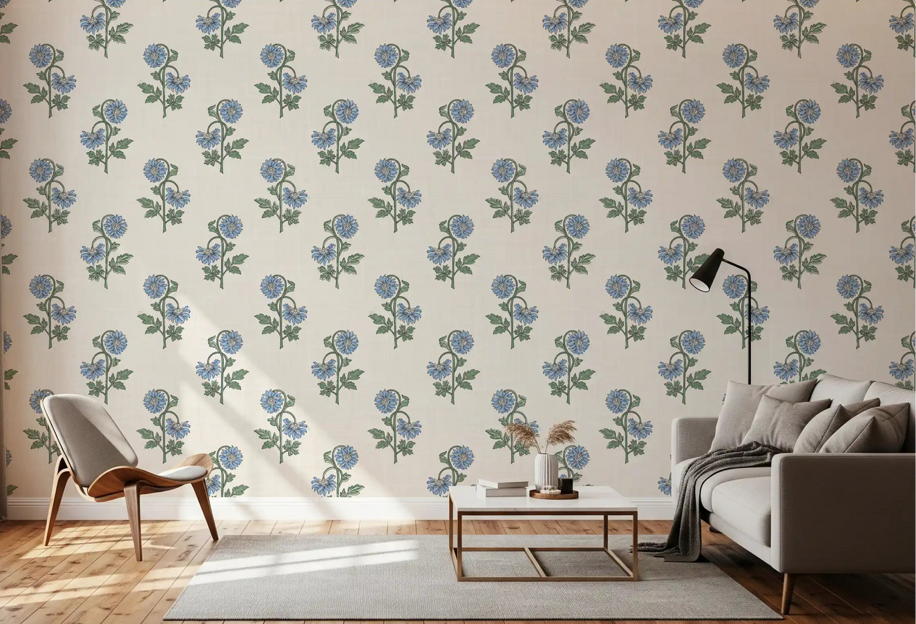 Lounge azure petal harmony wallpaper soft blue floral stems cream backdrop