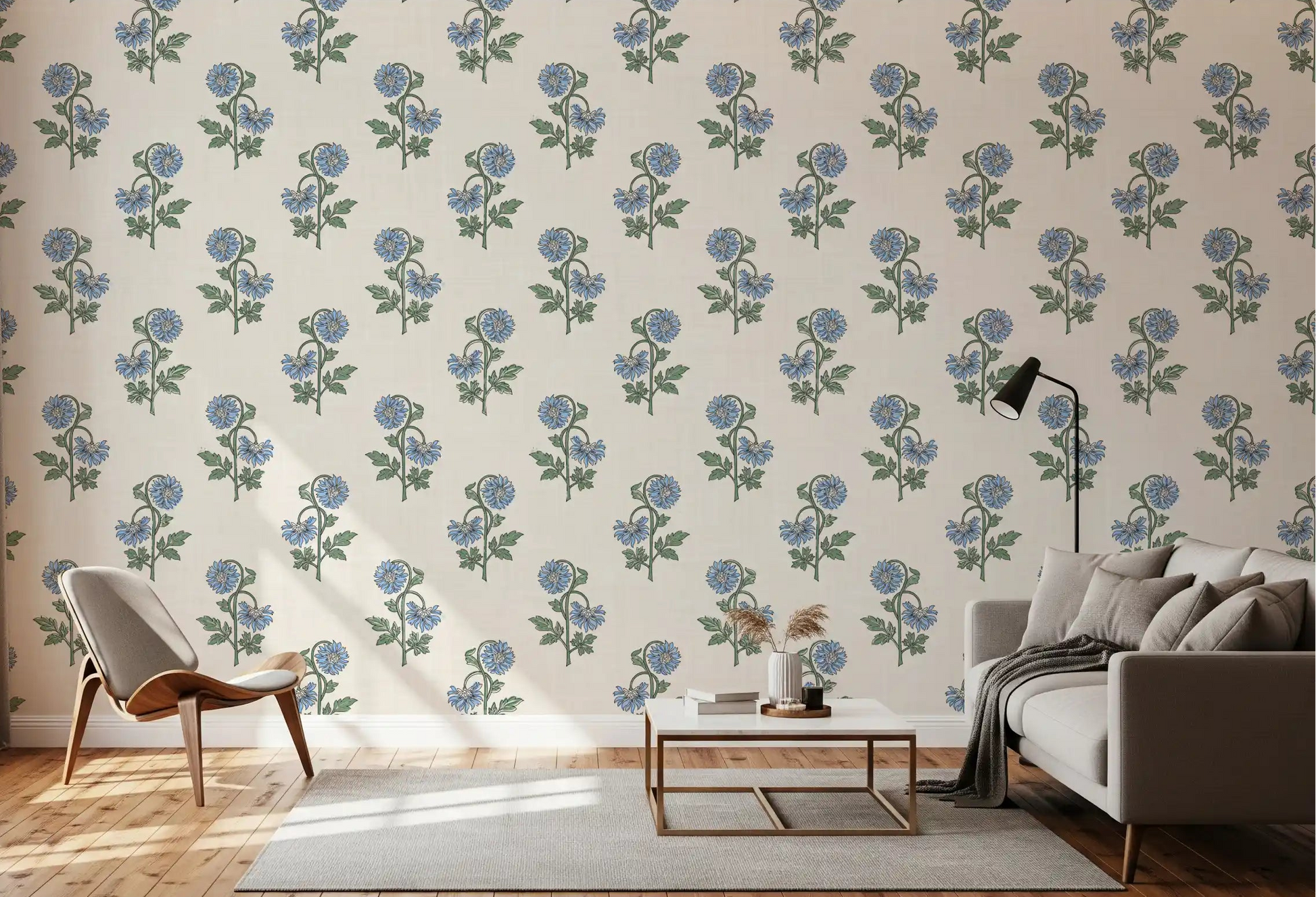 Lounge azure petal harmony wallpaper soft blue floral stems cream backdrop, GD9700