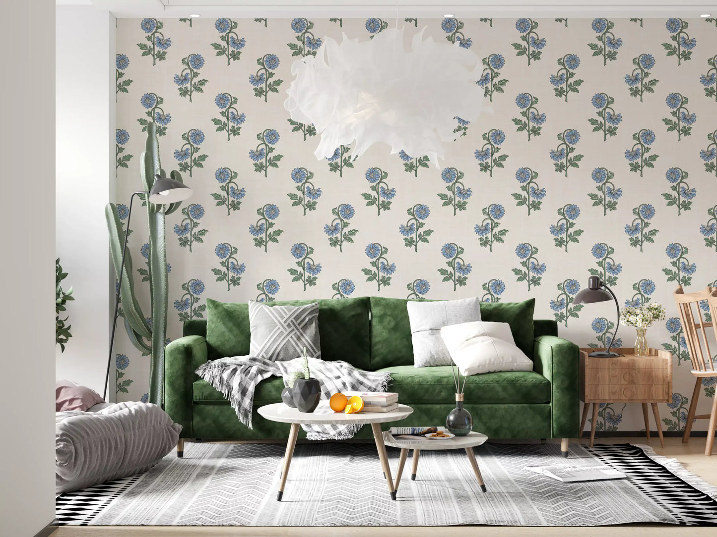 Living room area azure petal harmony wallpaper blue floral stems on cream ground, GD9700