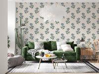 Living room area azure petal harmony wallpaper blue floral stems on cream ground, GD9700