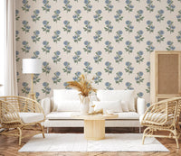 Azure petal harmony wallpaper blue flower stems cream background repeat, GD9700