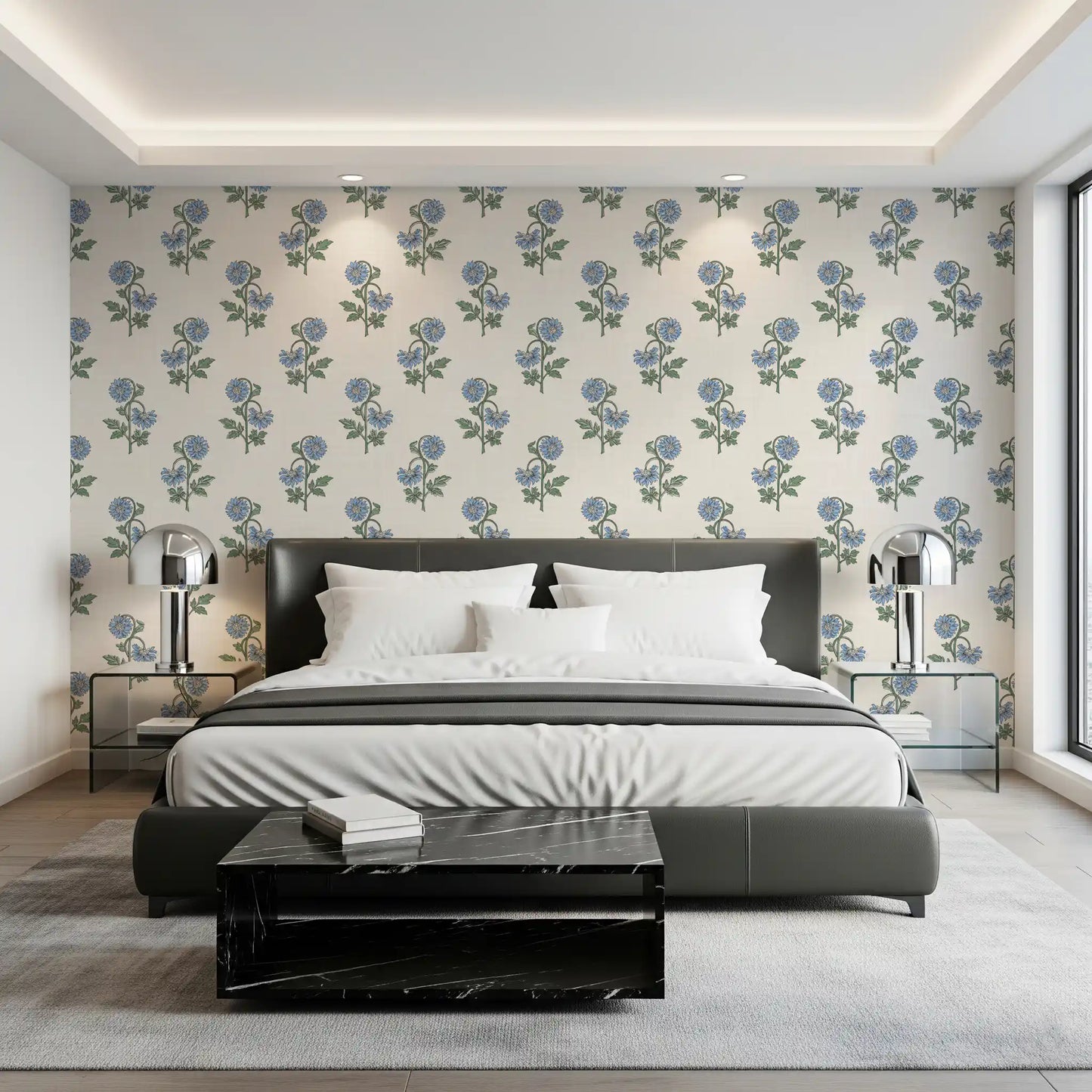 Bedroom with azure petal harmony wallpaper cream and blue floral stems, GD9700