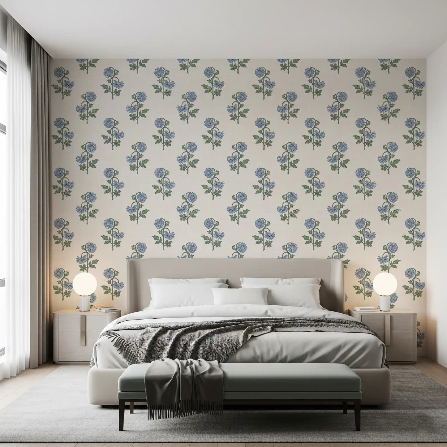 Soft blue petals and green leaves in azure harmony floral wallpaper, GD9700