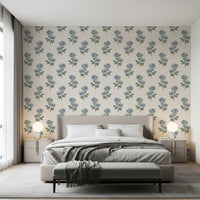 Soft blue petals and green leaves in azure harmony floral wallpaper, GD9700