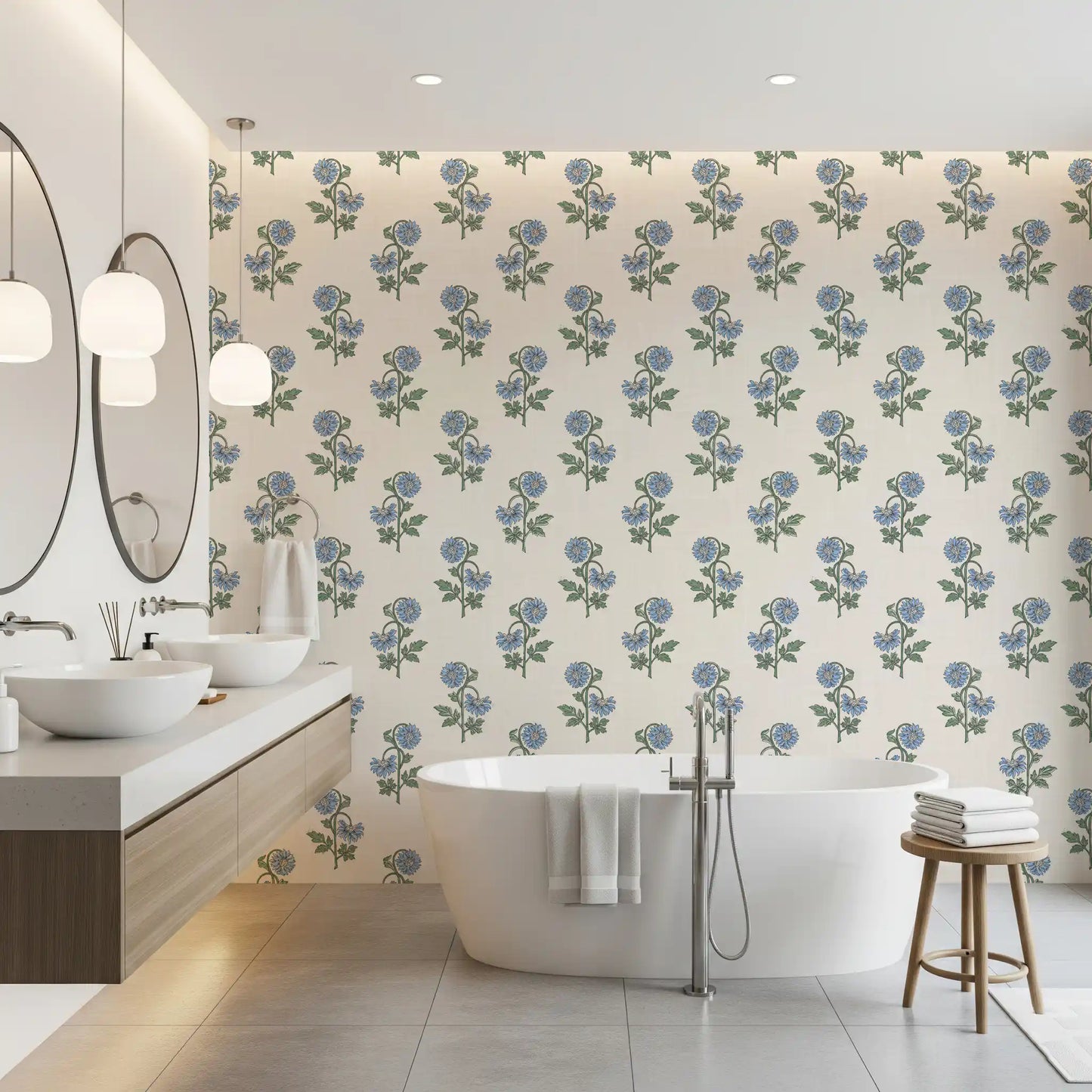Green leaf stems with blue blooms in azure petal harmony wallpaper, GD9700