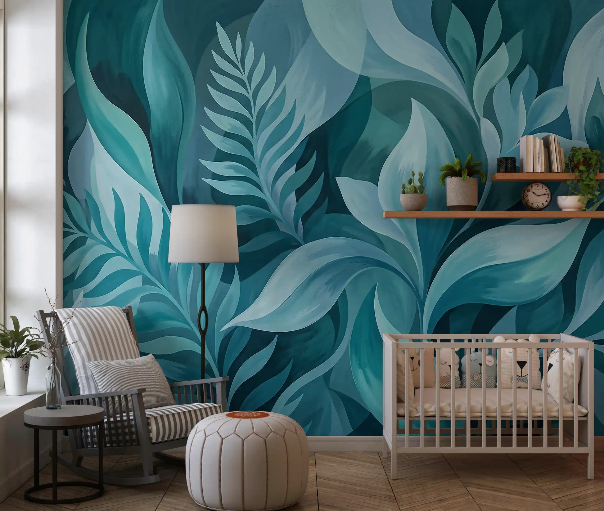Painted botanical leaves in the Aqua Serenity wall mural