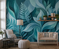 Painted botanical leaves in the Aqua Serenity wall mural