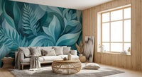 Layered leaf tones in the Aqua Serenity Leaves wall mural