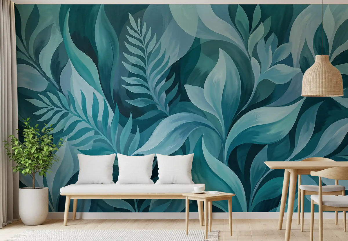 Aqua Serenity Leaves wall mural placed in a warm Dining room, GD9701