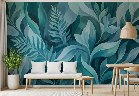 Aqua Serenity Leaves wall mural placed in a warm Dining room