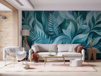 Aqua Serenity Leaves wall mural used in a bright living space