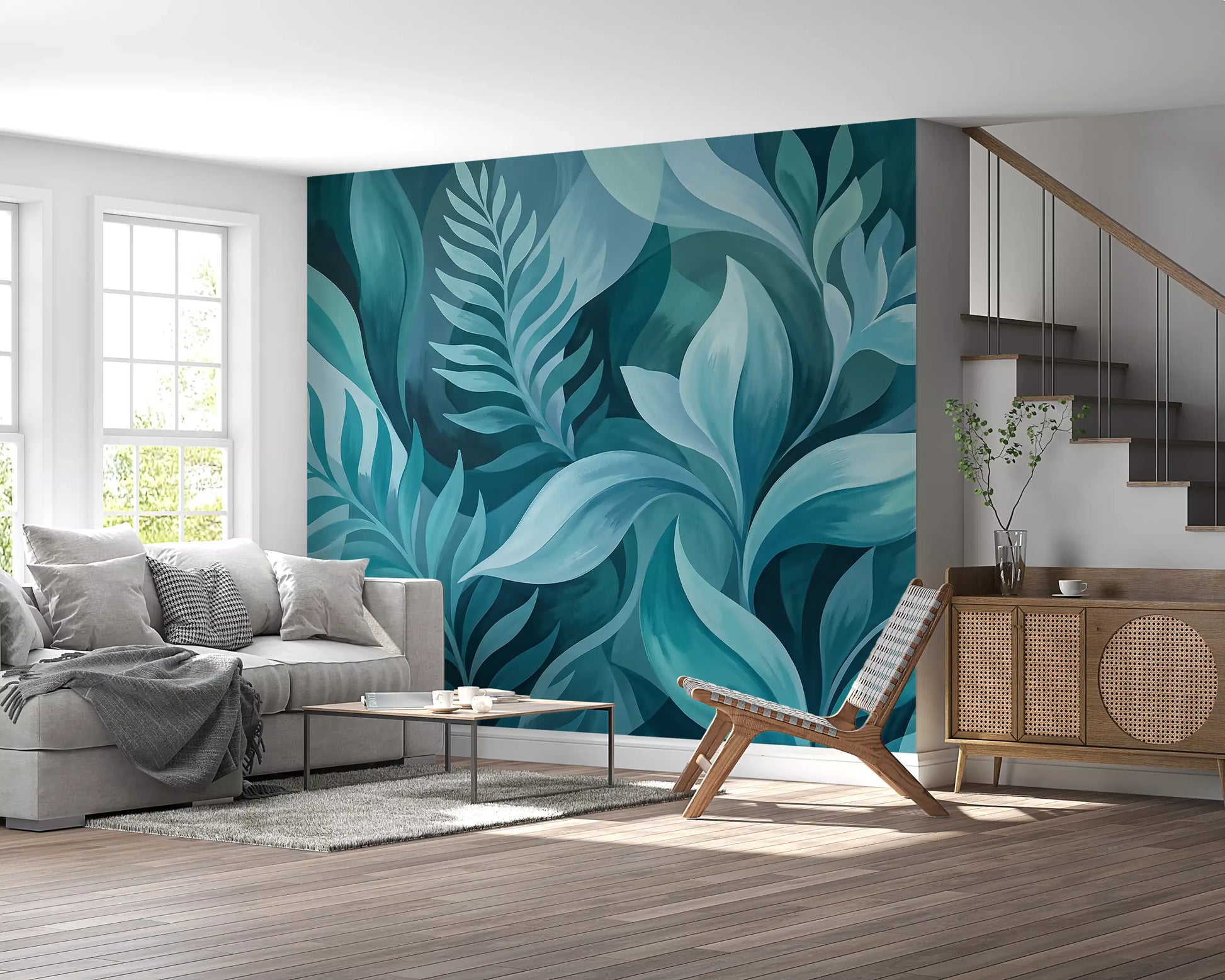 Teal botanical wall mural set in a bright windowed living room