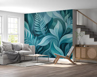 Teal botanical wall mural set in a bright windowed living room