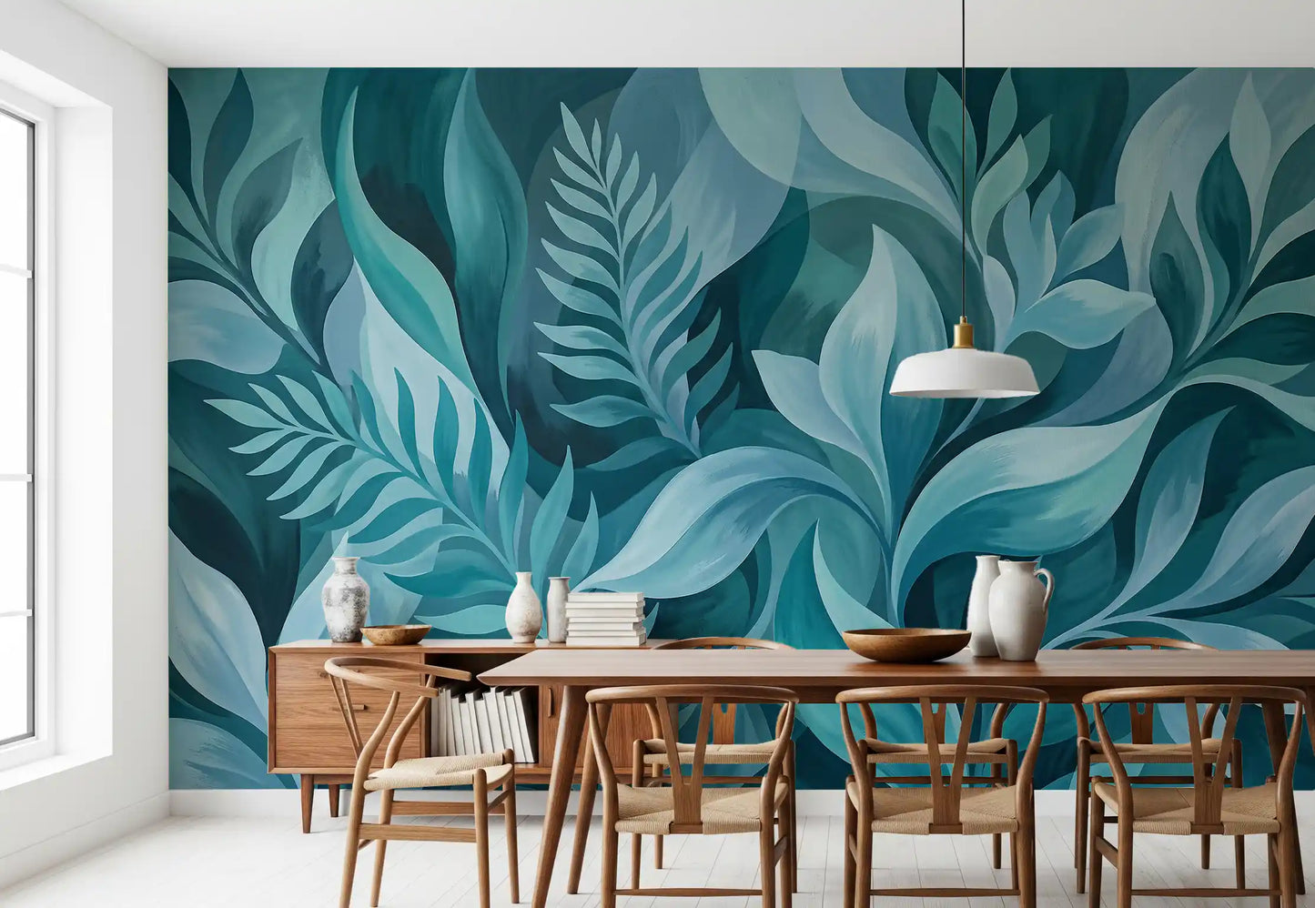 Teal and aqua brushwork in the Serenity Leaves wall mural