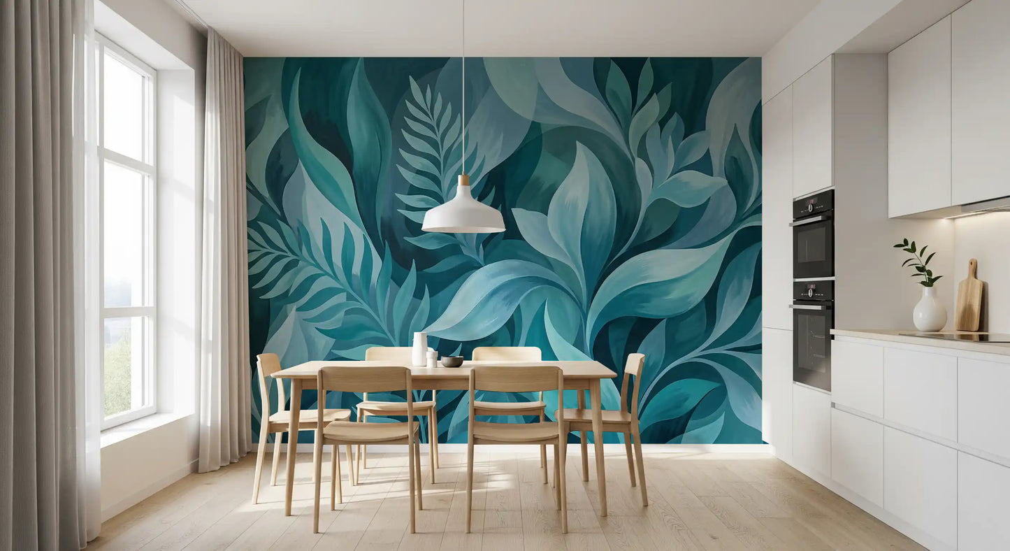 Aqua Serenity Leaves wall mural showing teal foliage in blue-green tones