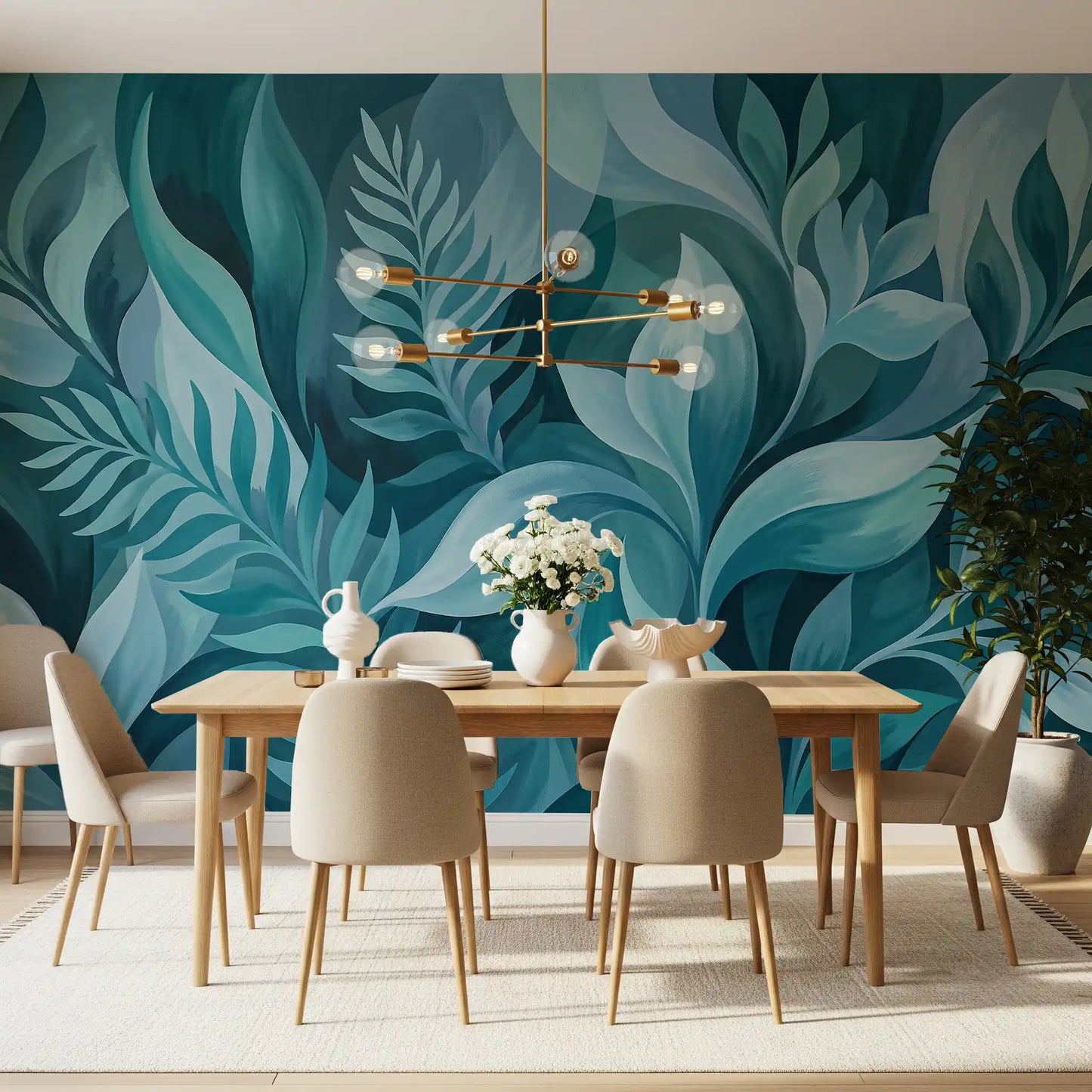 Aqua Leaves wall mural displayed in a dining room area