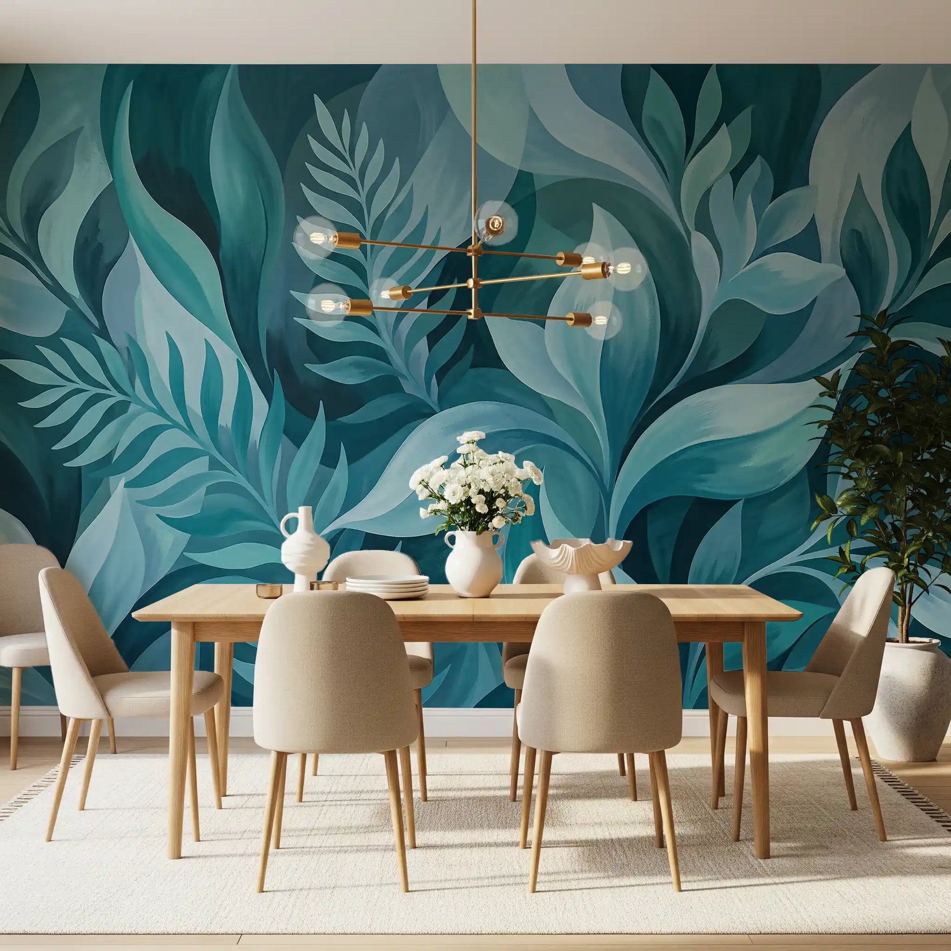 Aqua Leaves wall mural displayed in a dining room area