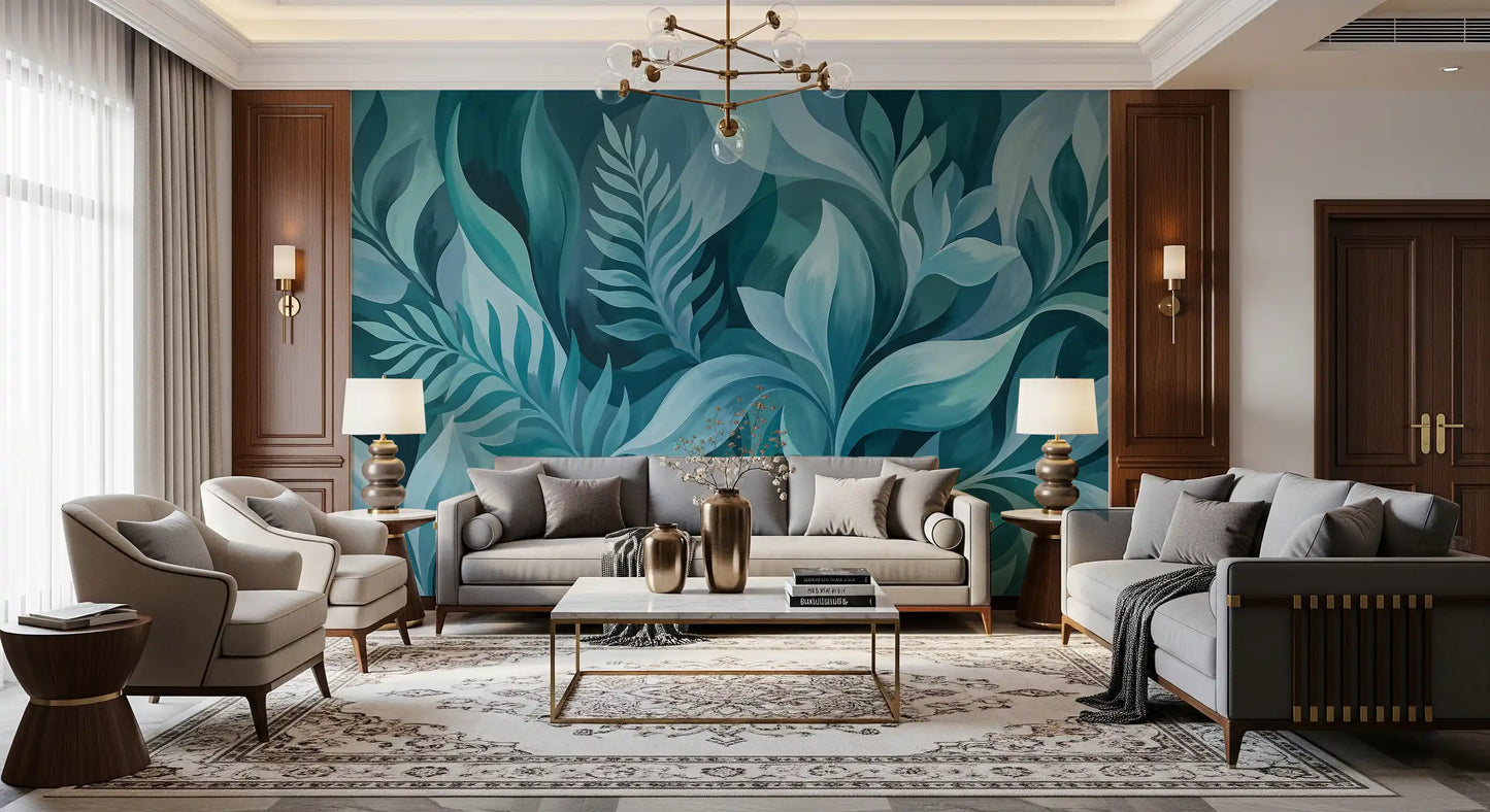 Blue-green Aqua Serenity wall mural fitted in a cosy lounge