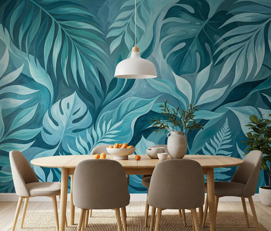 Dining room teal tropical canopy wall mural painted blue-green leaf scene
